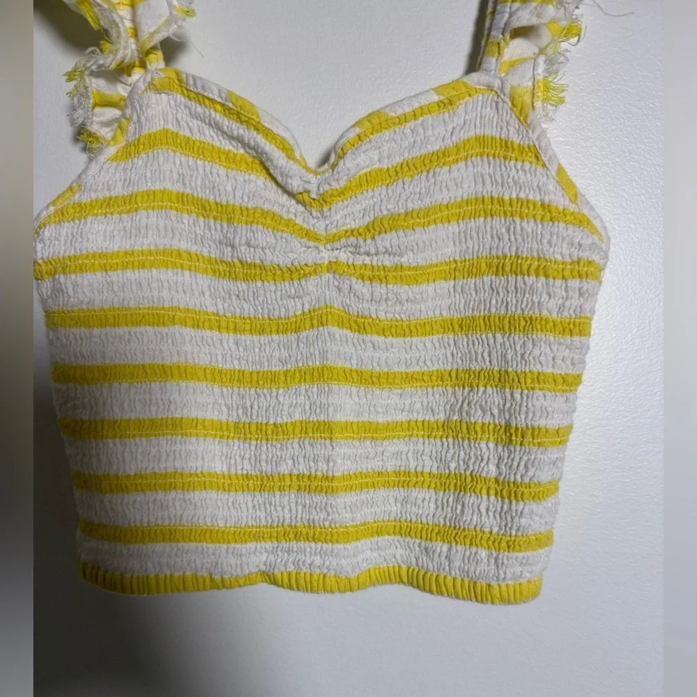 Free People XS Yellow Stripe Smocked Crop Top Ruffle Straps
